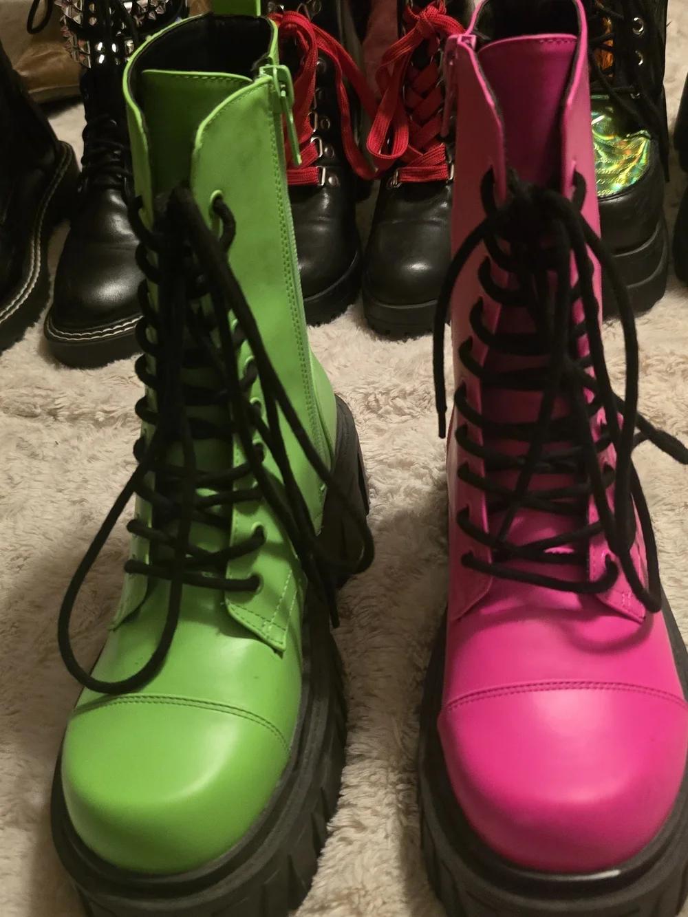 Neon Green & Hot Pink Platform Combat Boots - Women's Lace-Up - Picture 1 of 9